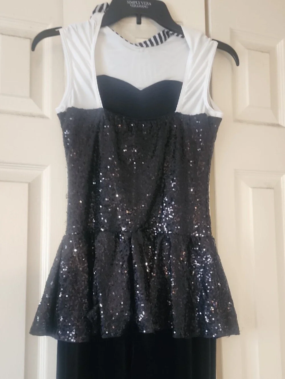Black Sequin Peplum Dance Costume with White Accents